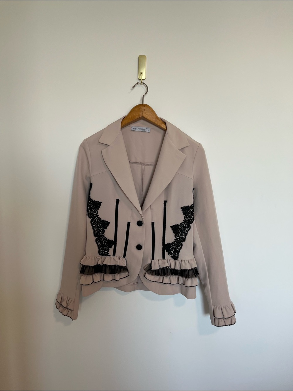 Rinascimento light pink beige Blazer with Black Lace Ruffle Trim women luxury